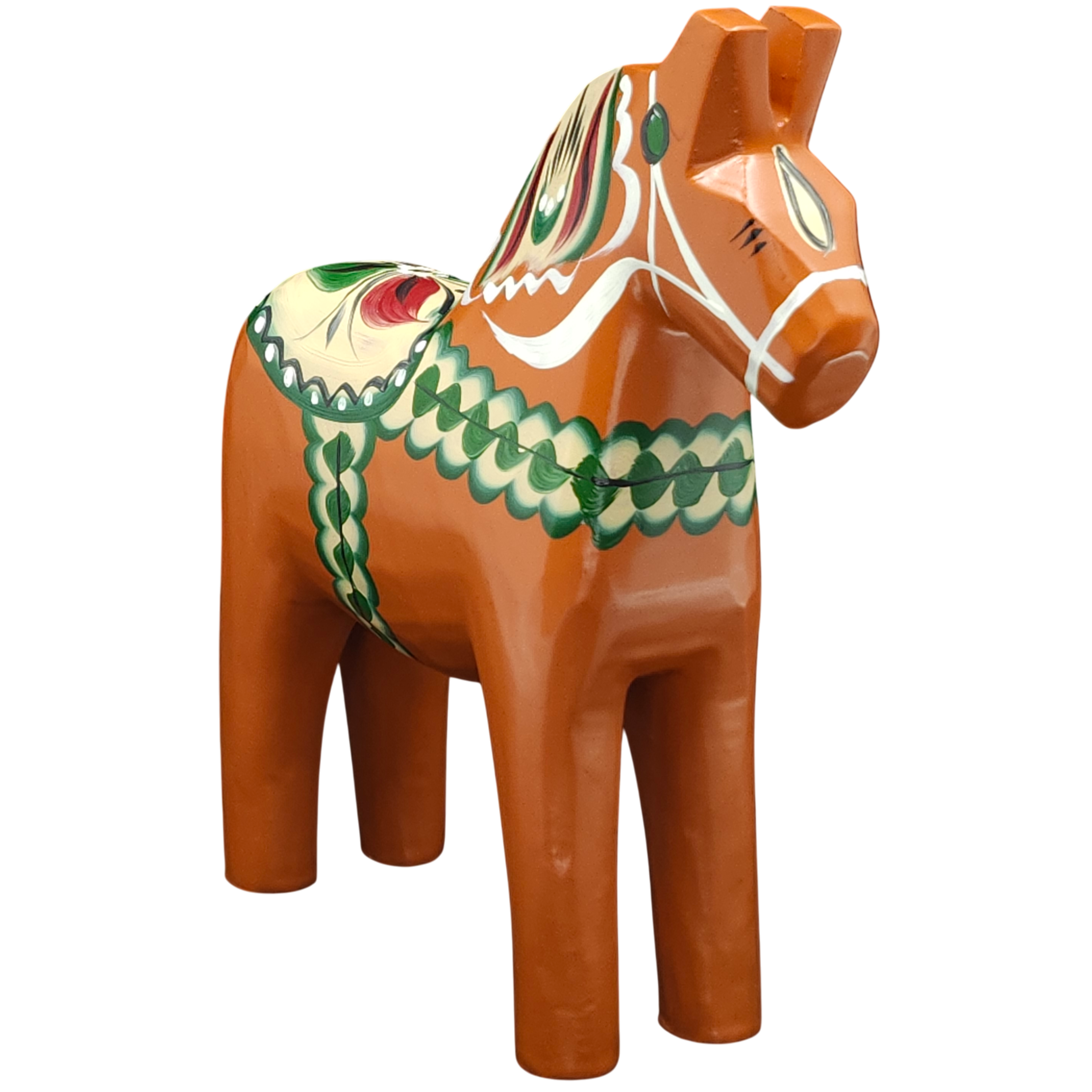 The Dala Horse: Antique Inspired Swedish Dala Horse Red-Orange 17cm features green and white decorative patterns and stands on a white background.