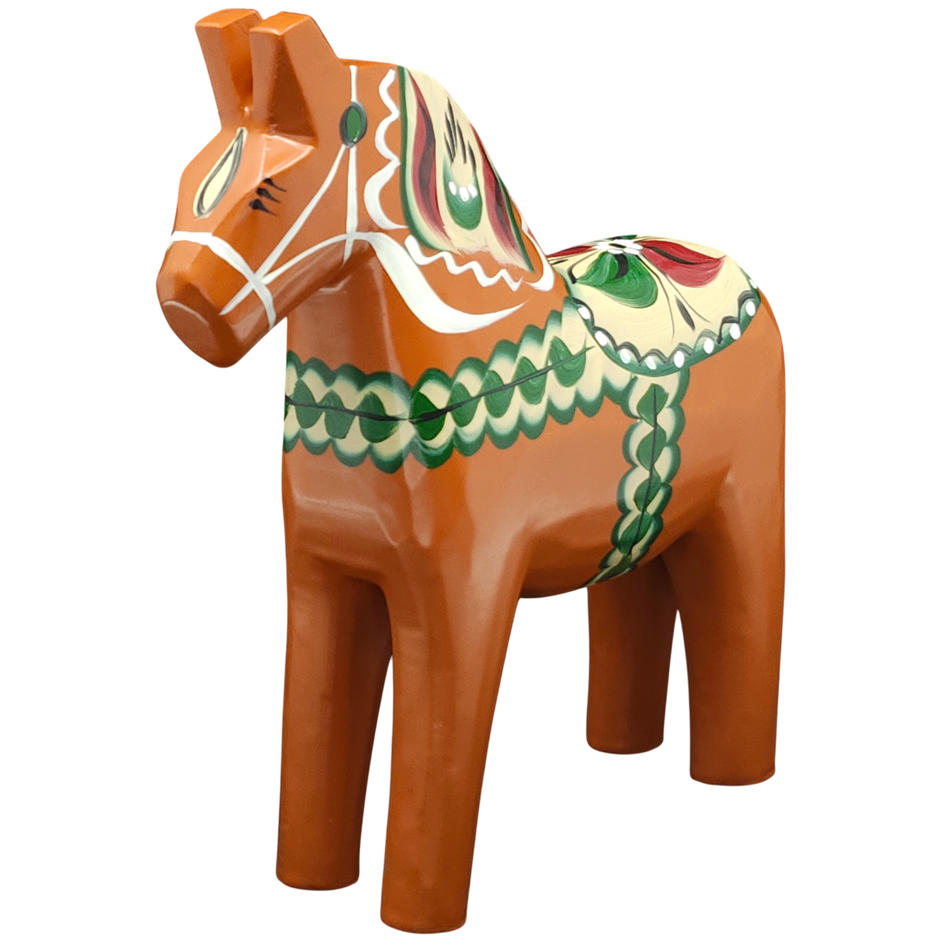 The Dala Horse: Antique Inspired Swedish Dala Horse Red-Orange 17cm is a hand carved, red-orange wooden horse adorned with traditional green, white, yellow, and red decorative patterns.