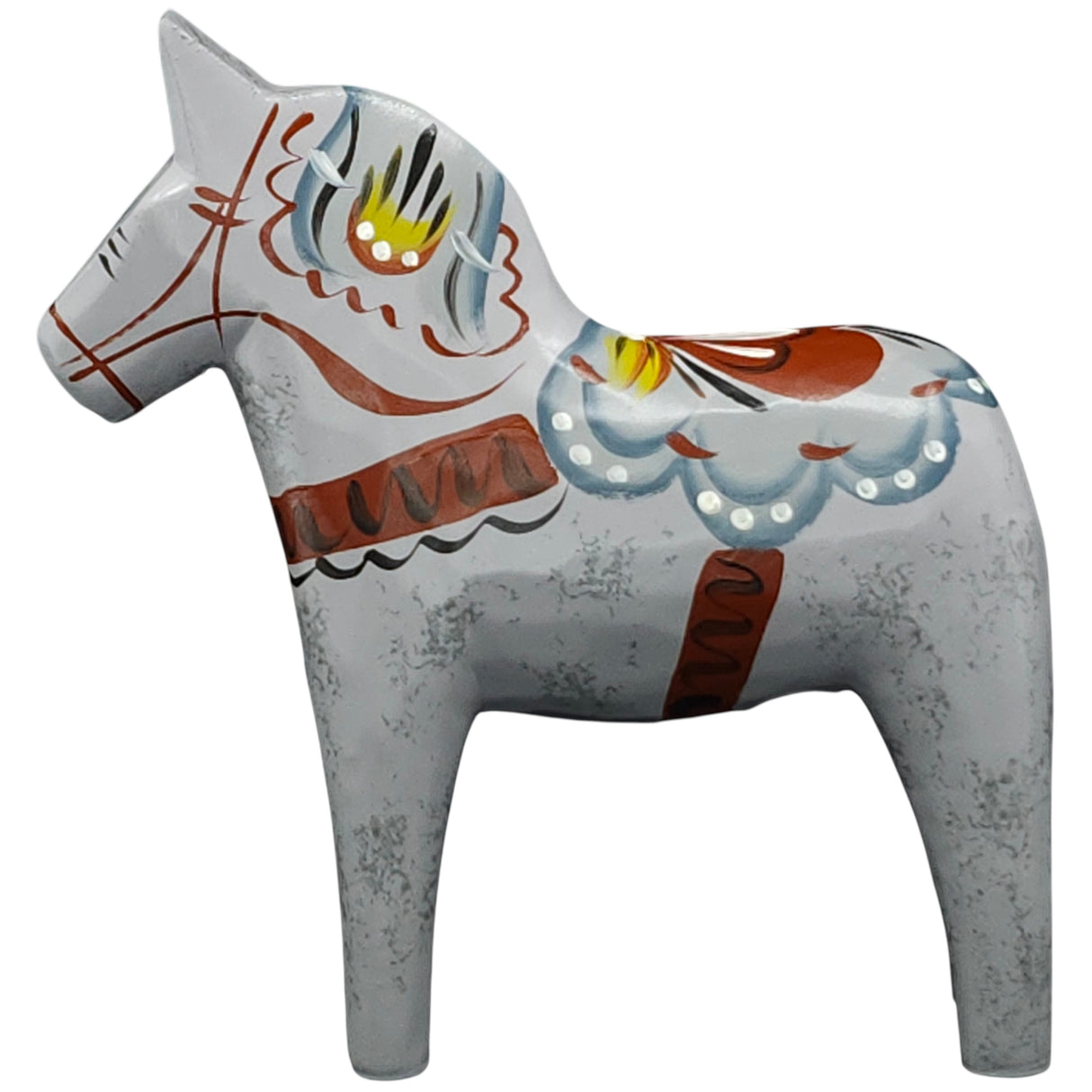 The "Love Horse" (Karlekshast) Dala horse, approx. 13cm/5", is a traditional hand-carved Swedish figurine painted gray with blue, yellow, red, and black patterns—a charming piece of heritage décor.