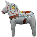 The "Love Horse" (Karlekshast) Dala horse, approx. 13cm/5", is a traditional hand-carved Swedish figurine painted gray with blue, yellow, red, and black patterns—a charming piece of heritage décor.