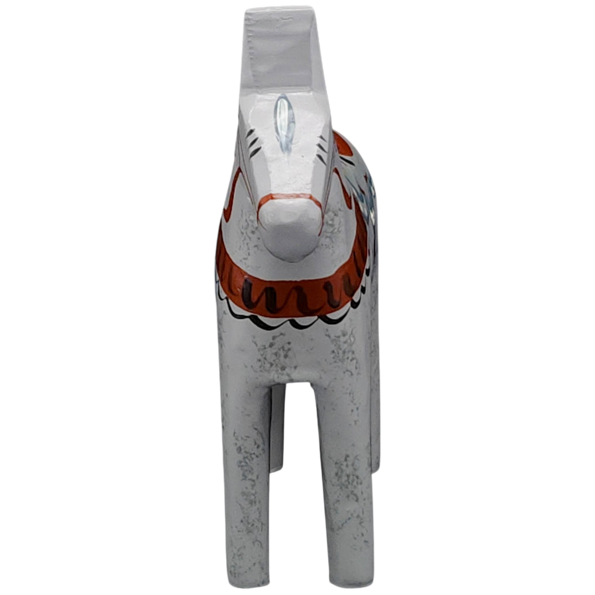 The Dala Horse: "Love Horse" Karlekshast 13cm (5") features hand-carved wood, a white base, red and black patterns, and simple facial details—an iconic piece of Swedish heritage décor viewed from the front.