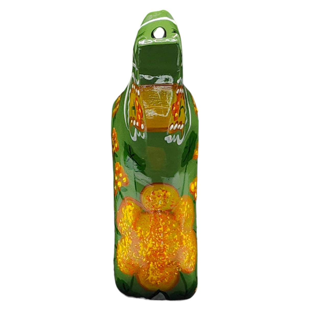 The Dala Horse: Salenhasten 13cm is a hand-painted green ceramic figurine with yellow and orange floral designs, a top hole, traditional Dala horse motifs, and Swedish craftsmanship, shown from the front.