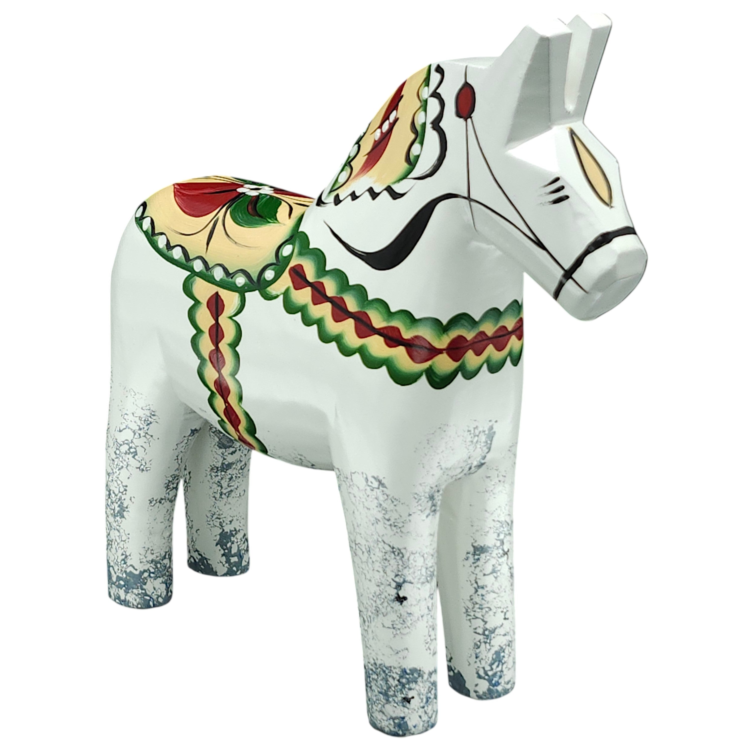 The Dala Horse is an antique-inspired Swedish figurine, 17cm tall, featuring white paint with gray feet and decorative patterns.