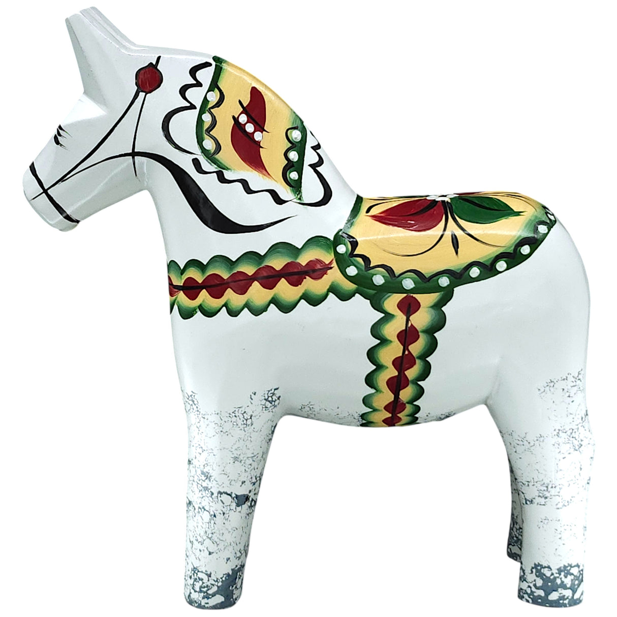 The Dala Horse: Antique Inspired Swedish Dala Horse White with Gray Feet 17cm is a hand-carved figurine from Sweden, standing upright and featuring painted white finish with gray feet.