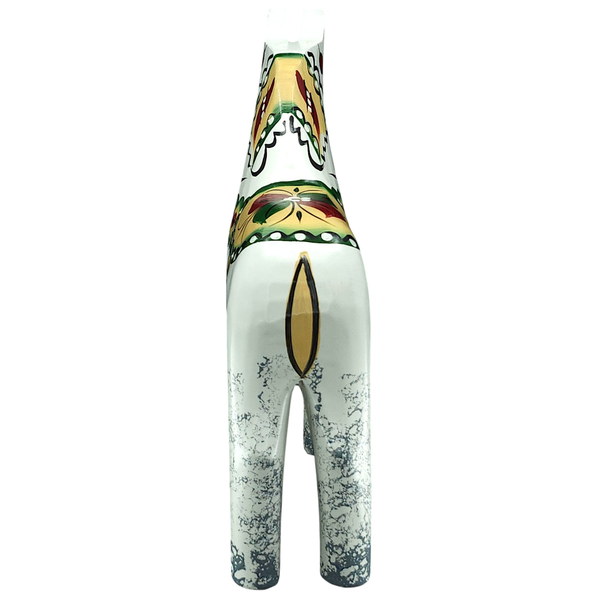 The Dala Horse: Antique Inspired Swedish Dala Horse White with Gray Feet 17cm features a hand-carved design, white glaze, intricate green, yellow, and red patterns, and textured gray detailing on the lower legs, shown from the rear.