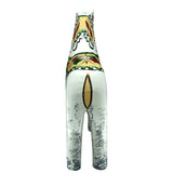 The Dala Horse: Antique Inspired Swedish Dala Horse White with Gray Feet 17cm features a hand-carved design, white glaze, intricate green, yellow, and red patterns, and textured gray detailing on the lower legs, shown from the rear.