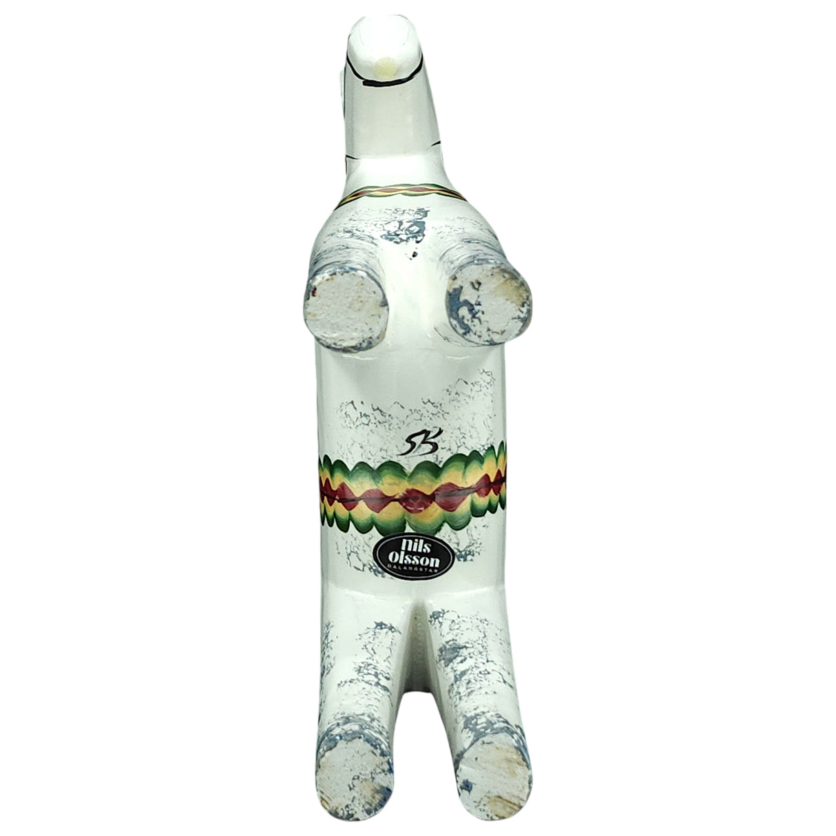 The Dala Horse: Antique Inspired Swedish Dala Horse White with Gray Feet 17cm is a white, horse-shaped glass bottle with painted details, SB logo, Nils Olsson label, and gray feet—crafted in Sweden and inspired by the classic Swedish Dala horse.