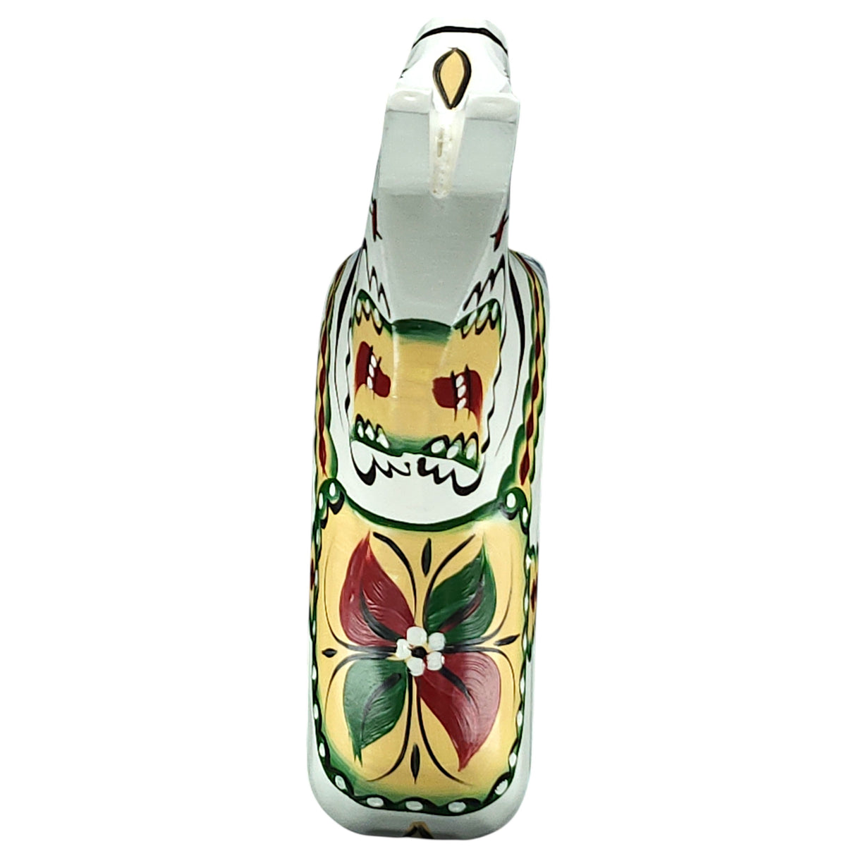 A painted ceramic figurine inspired by an antique Swedish Dala horse, featuring floral and geometric designs in green, red, yellow, and white. Product: Dala Horse: Antique Inspired Swedish Dala Horse White with Gray Feet 17cm.