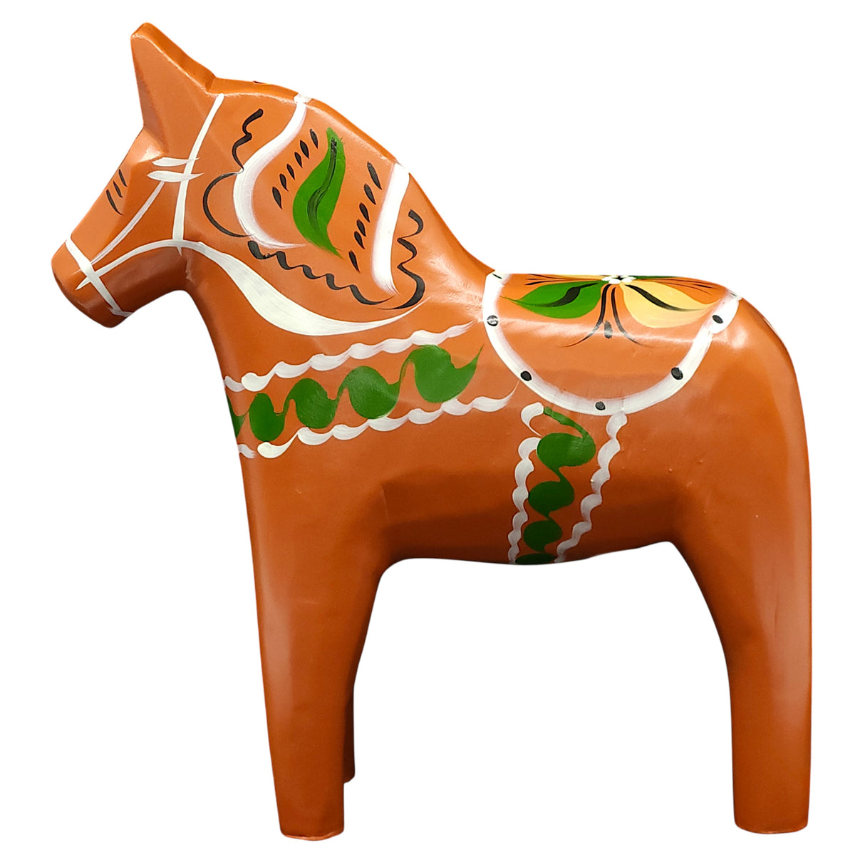 The Gammelröd Old Red Swedish Dala Horse is a 16 cm hand-carved figurine, painted in classic orange-red with green, white, yellow, and black patterns—a traditional showcase of Scandinavian craftsmanship.