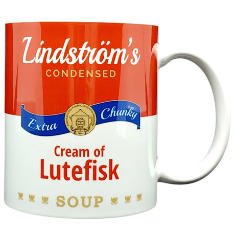 The Coffee Mug: Lindstrom's Cream of Lutefisk Soup (11oz) is a quirky, soup-can-inspired mug labeled "Lindström's Condensed Cream of Lutefisk Soup Extra Chunky"—an ideal Swedish-American souvenir from Lindstrom, Minnesota.