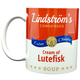 The Cream of Lutefisk Bundle includes a vintage-style soup can mug with a Lindströms Extra Chunky Cream of Lutefisk parody label—ideal as a quirky Swedish-American souvenir or unique lutefisk gift.
