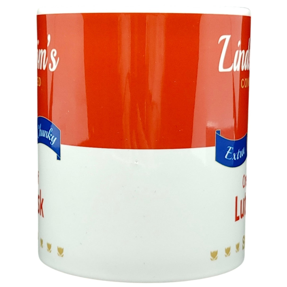 The Coffee Mug: Lindstrom's Cream of Lutefisk Soup (11oz) features a quirky soup can-inspired label in red, white, and blue—a playful Swedish-American souvenir from Lindstrom, Minnesota.