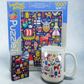 The Bundle: Nordic Love PuzzleTwist, Mug and Deck of Cards features Cindy Lindgren’s designs—colorful Nordic-themed illustrations and symbols on a blue background—celebrating Scandinavian heritage.