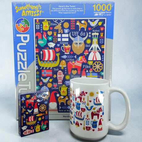 The Flash Bundle: Nordic Love PuzzleTwist includes a 1000-piece boxed puzzle by Cindy Lindgren, a matching mug, and a free deck of cards—all featuring vibrant Scandinavian-inspired designs and flags.