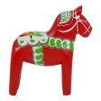 The Dala Horse: Traditional Red Dala Horse Wood Figurine Replica by Nordic Souvenir (14 cm / 5.5 in) features colorful patterns and makes a charming Scandinavian decor piece, shown upright on a plain white background.