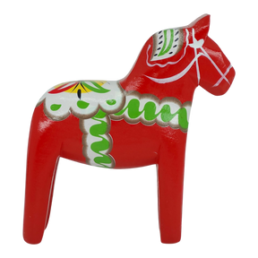 The Dala Horse: Traditional Red Dala Horse Wood Figurine Replica by Nordic Souvenir (14 cm / 5.5 in) features colorful patterns and makes a charming Scandinavian decor piece, shown upright on a plain white background.