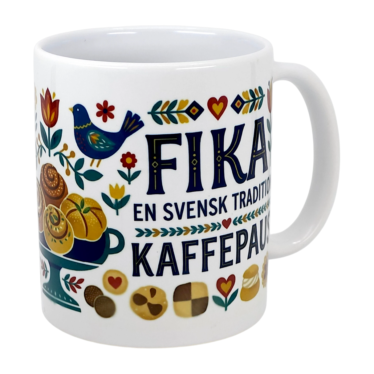The Swedish Gift Store’s 11 oz ceramic “Swedish Fika Traditions” mug features colorful folk art—pastries, flowers, blue bird—and bold “FIKA EN SVENSK TRADITION KAFFEPAUS.” Perfect for your coffee break.