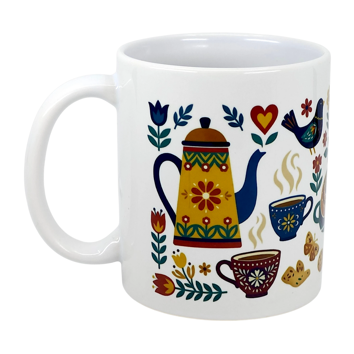 The Mug: Swedish Fika Traditions Wraparound Ceramic Mug (11 oz) from Swedish Gift Store features cheerful folk art—yellow teapot, patterned cups, flowers, bird, heart, and cookies—perfect for enjoying your Nordic fika moments.