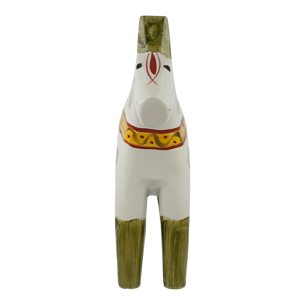 Front view of a Swedish Dala horse figurine with yellow and red neck decorations, green accents on legs and ears, set against a white background.