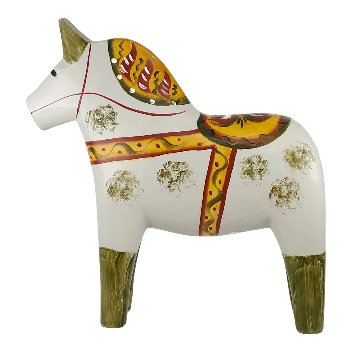 White Swedish Dala horse with green-painted legs and yellow, red, and orange patterns on its body, mane, and saddle.