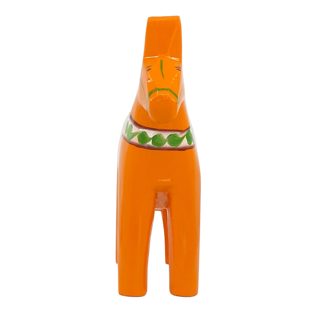 Bright orange Swedish Dala horse carved from wood, featuring minimal paint and a green band around the neck, standing on four legs against a white background.