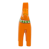 Bright orange Swedish Dala horse carved from wood, featuring minimal paint and a green band around the neck, standing on four legs against a white background.