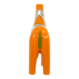 Orange Dala horse figurine shown from behind, featuring a green stripe and painted patterns on its back. Plain white background.