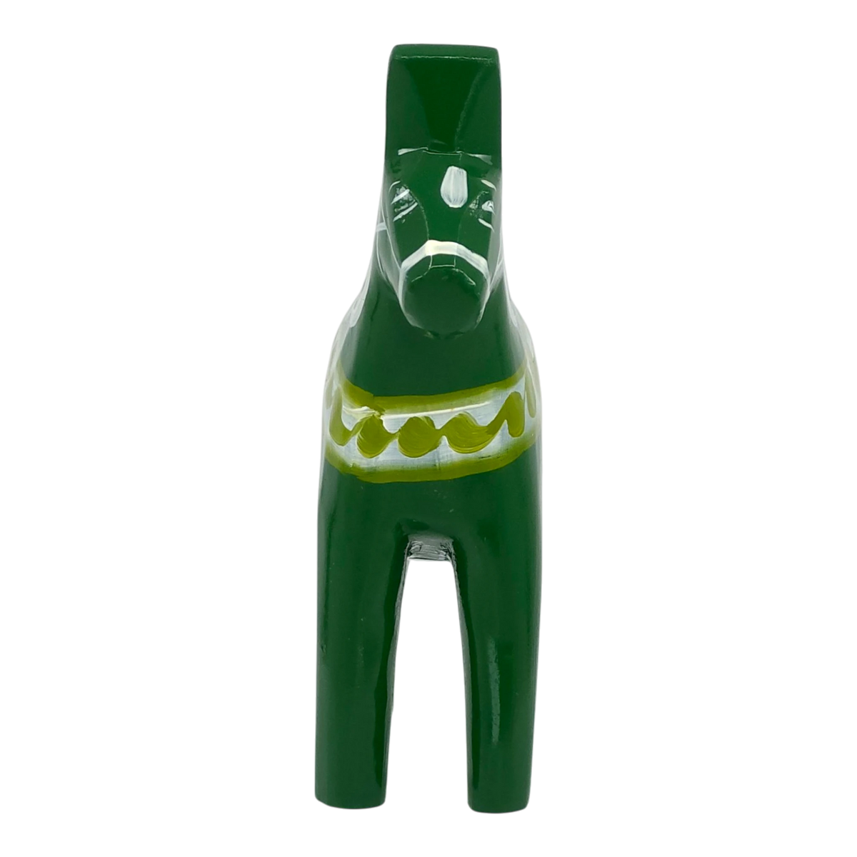 Green Dala horse figurine with white and yellow patterns on its body, displayed against a white background.