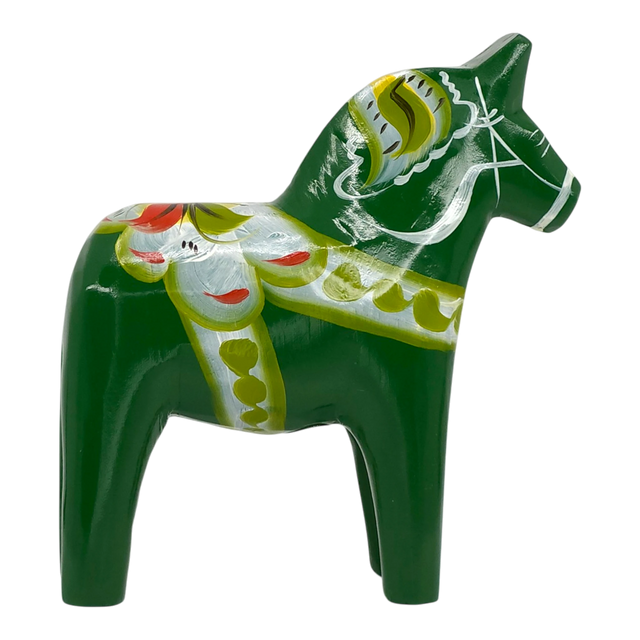 Green Swedish Dala horse carved from wood, featuring yellow, white, and red painted patterns, shown on a white background.