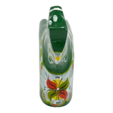 Green Swedish Dala horse figurine with red, yellow, and white floral patterns painted on its body, shown against a white background.