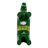 Green Swedish Dala Horse figurine with yellow painted details and a small sticker on its chest reading Handcraft grannas.com, Nusnäs, Sweden.