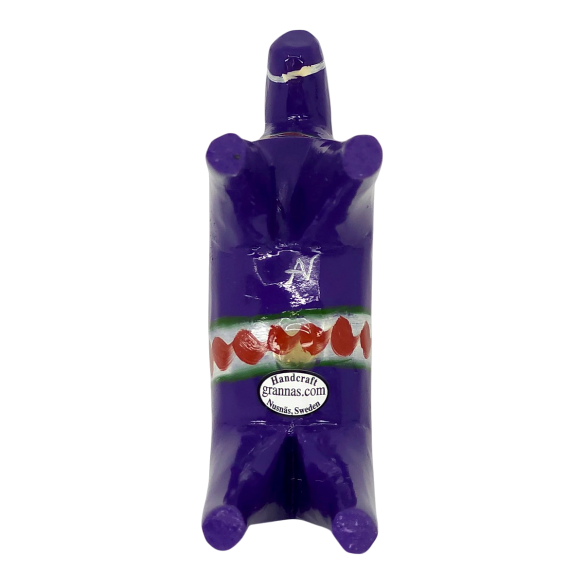 Small purple Swedish Dala horse with four legs, a painted band around its body, and visible text reading Grannas A. Olsson Hemslöjd Sweden on the side.