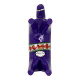 Small purple Swedish Dala horse with four legs, a painted band around its body, and visible text reading Grannas A. Olsson Hemslöjd Sweden on the side.