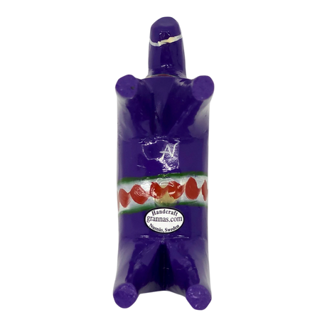 Small purple Swedish Dala horse with four legs, a painted band around its body, and visible text reading Grannas A. Olsson Hemslöjd Sweden on the side.