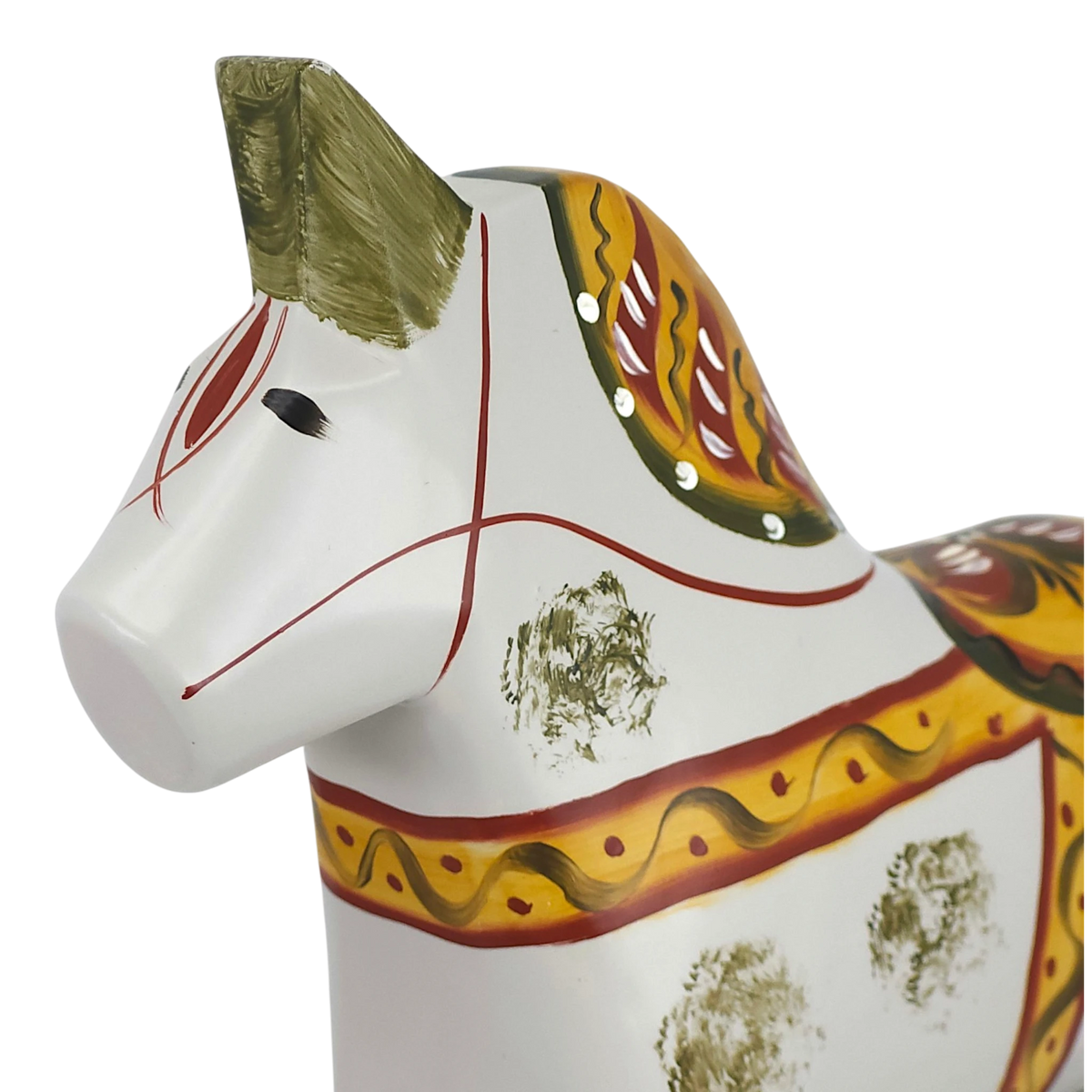 White Swedish Dala horse with carved details, decorated with red, green, and yellow painted patterns on the body and mane.