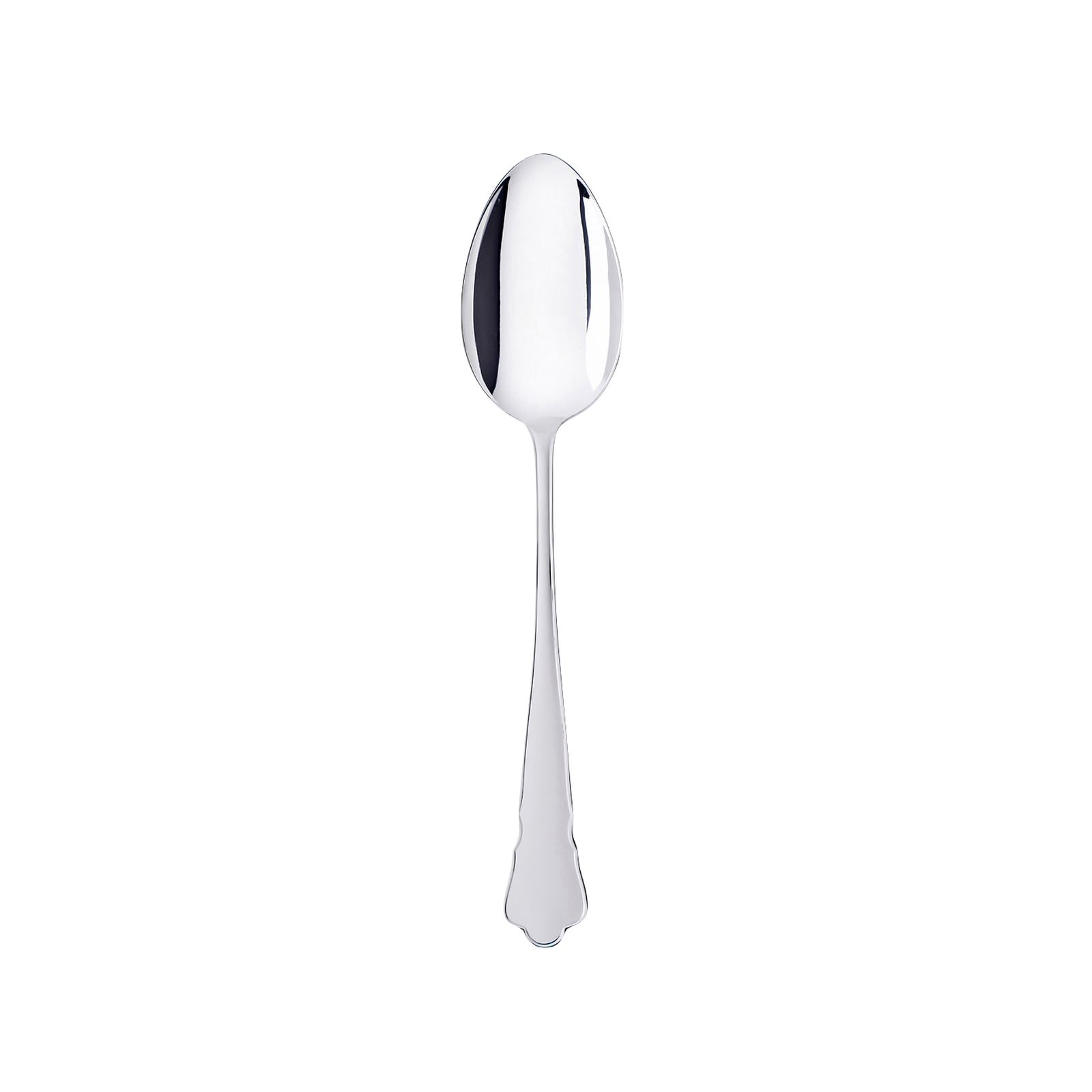 A shiny stainless steel spoon featuring an ornate Chippendale handle design from the elegant Gense - Silver Dining Set Chippendale 830, displayed against a plain white background.