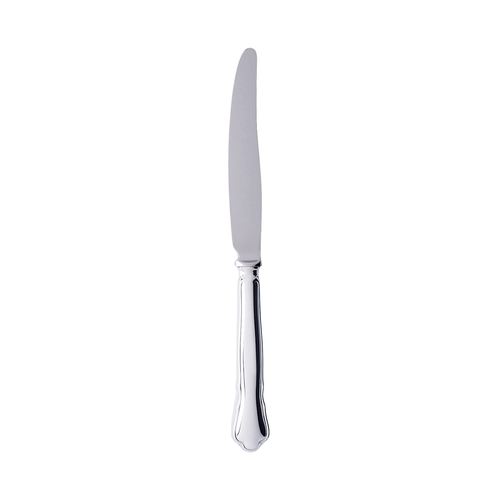 The Gense Silver Dining Set Chippendale 830 features a stainless steel butter knife with a detailed handle reminiscent of the classic Chippendale style, elegantly set against a white background, highlighting its slightly curved blade.