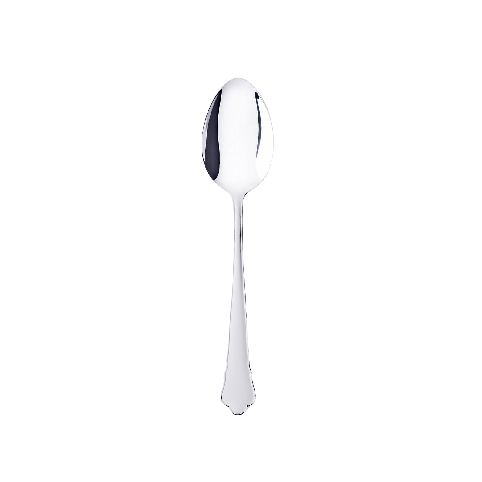 A single stainless steel spoon, evocative of the Gense Silver Dining Set Chippendale 830, sits elegantly against a plain white background.