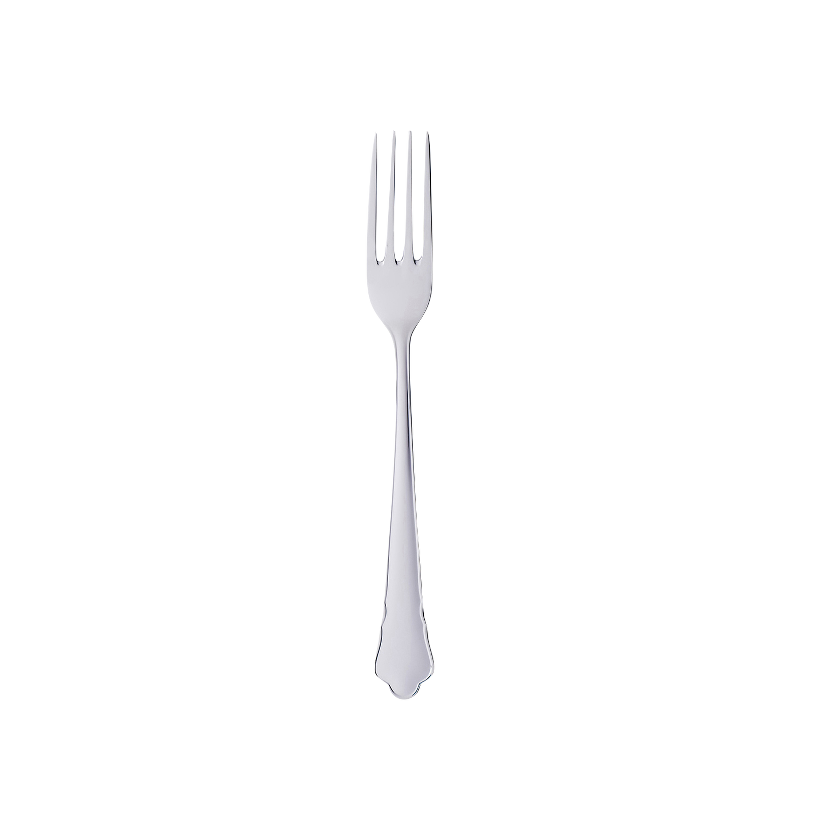 A fork from the Gense - Silver Dining Set Chippendale 830, featuring four tines, stands elegantly against a plain black background.