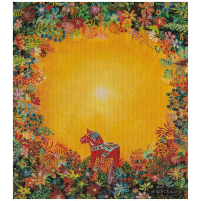 The Dish Cloth: Light of Grytnäs Dala Horse features a red decorative horse in a yellow clearing, framed by colorful flowers and leaves—beautifully printed on an ecofriendly, biodegradable cleaning cloth.