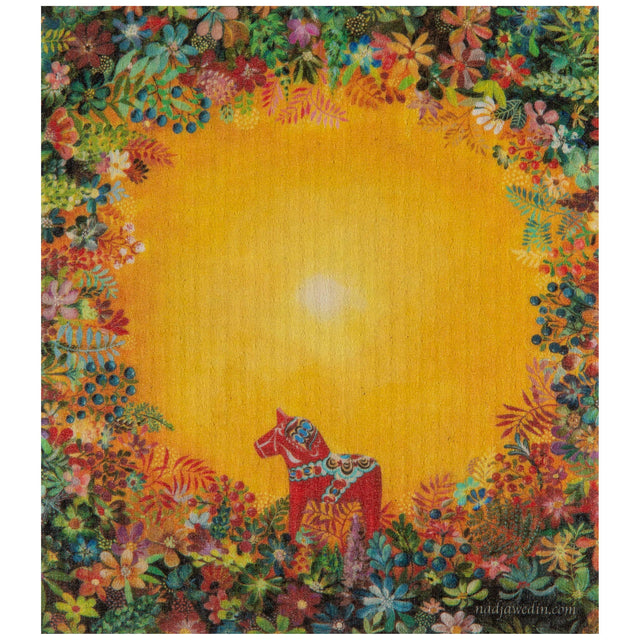 The Dish Cloth: Light of Grytnäs Dala Horse features a red decorative horse in a yellow clearing, framed by colorful flowers and leaves—beautifully printed on an ecofriendly, biodegradable cleaning cloth.