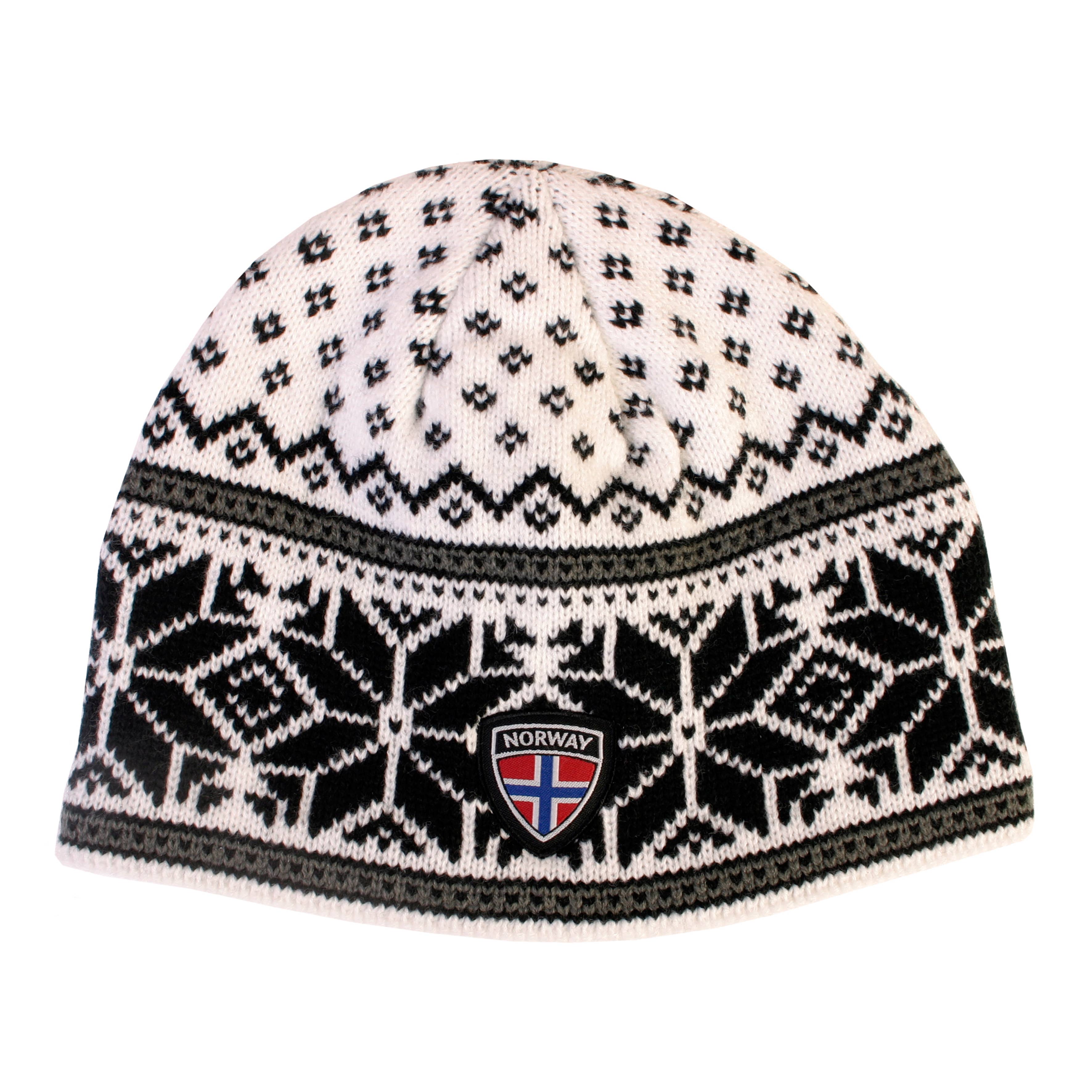 A white and black knit hat adorned with star patterns and a small crest featuring the Norway flag on the front, capturing authentic Norwegian design.