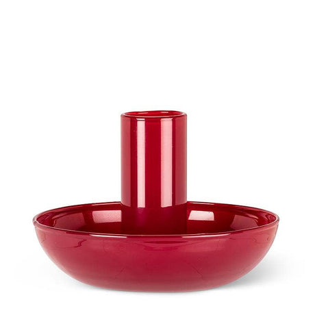 The Candle Holder: Small Pipe Taper Holder-Red (2"H) features a glossy ceramic finish, cylindrical center, and wide dish base—ideal modern table decor. Shown against a white background.