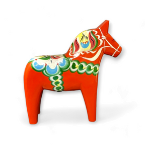 The Dala Horse: Red Swedish Dala Horses – Handcrafted in Sweden (Various Sizes) features painted floral patterns and is an iconic example of authentic Swedish craftsmanship, displayed here on a white background.