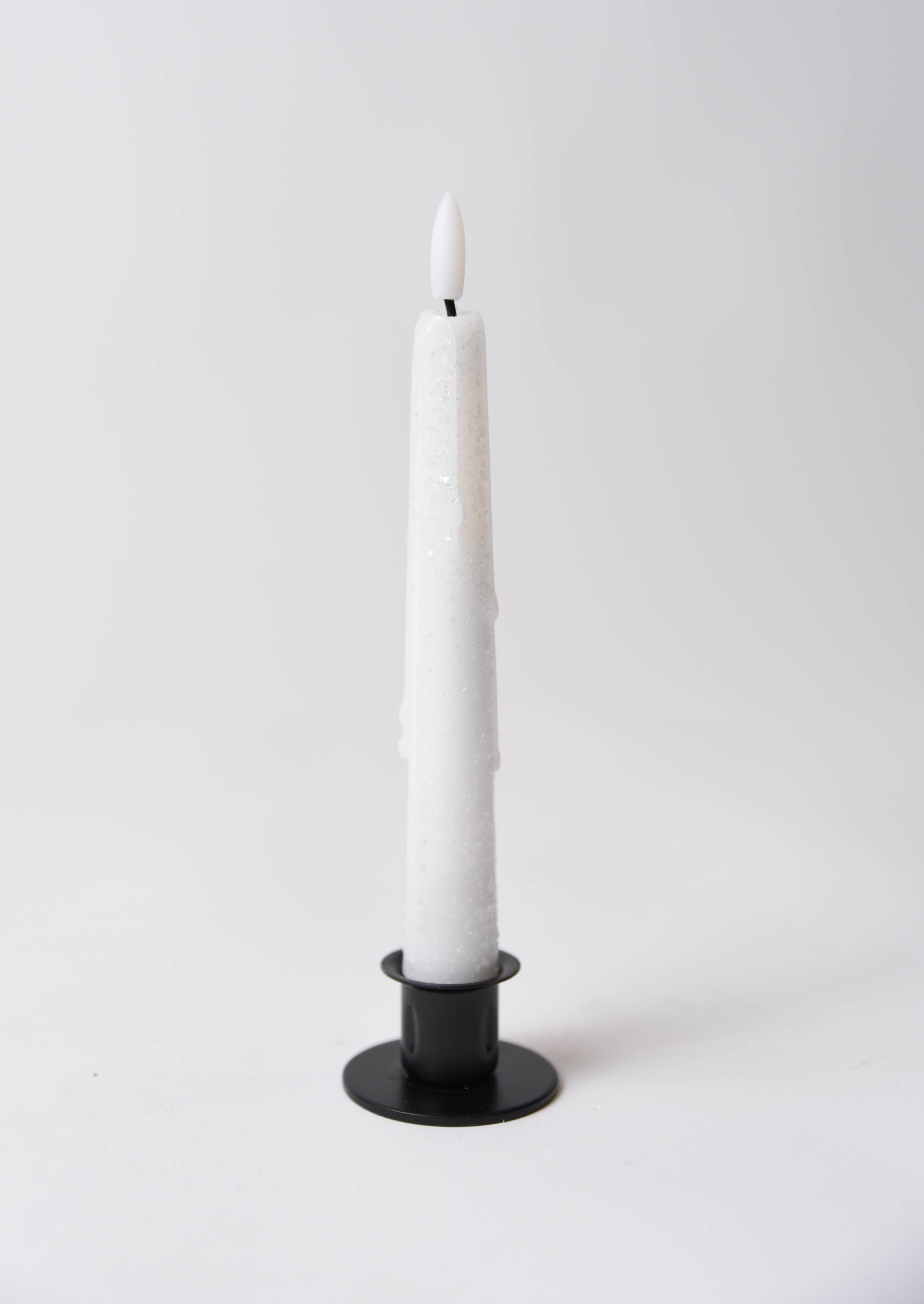 The Candle: Holiday Special Realistic Flame Battery Taper: Plain sits upright in a small black holder against a white background—ideal for elegant holiday table décor.