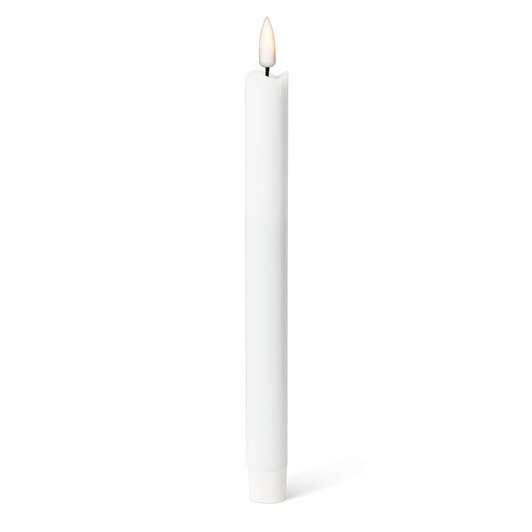 A 9.5-inch white LED taper candle from a 2-pack features a realistic 3D flame that captures the charm of traditional candlelight.