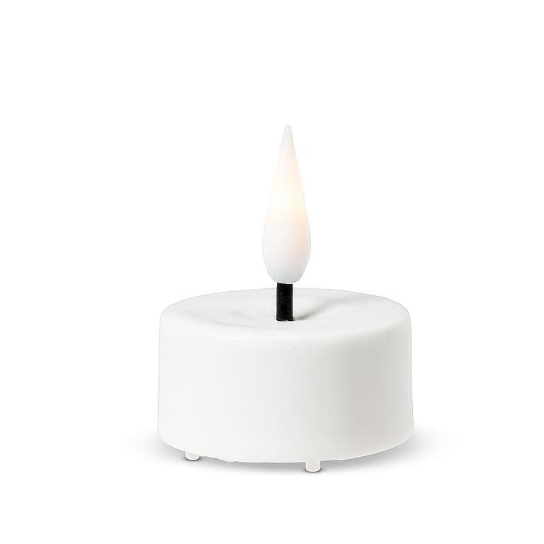 A compact, white 1.5" LED tealight from the Candle collection, featuring a black wick and a warm, lifelike 3D flame effect, all powered by a durable CR2032 battery.