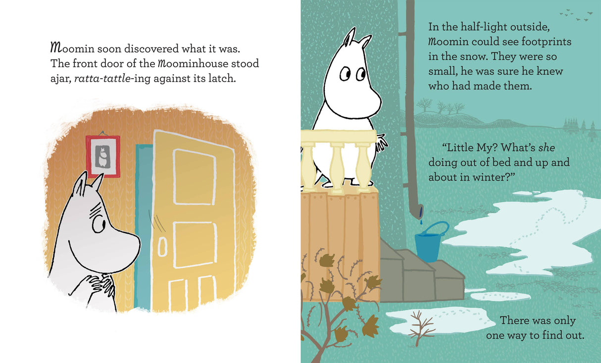 A white Moomin stands by an open door inside, gazing at snowy footprints and asking about someone being up in winter—a scene inspired by Tove Jansson’s Book: Moomin and the Spring Surprise.