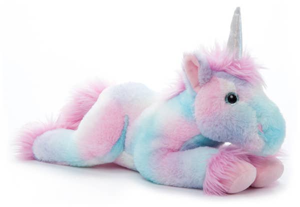 The Cotton Candy Unicorn Laying 18" plush features a magical design with a silver horn and charming pastel shades of pink, blue, and purple, adorably lying on its stomach.