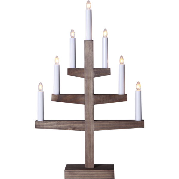 A wooden candle holder shaped like a tree, resembling a candelabra, with seven lit candles on various branches and finished in walnut stain: Candelabra - Star Trading Trapp 7 Light Walnut Stain.